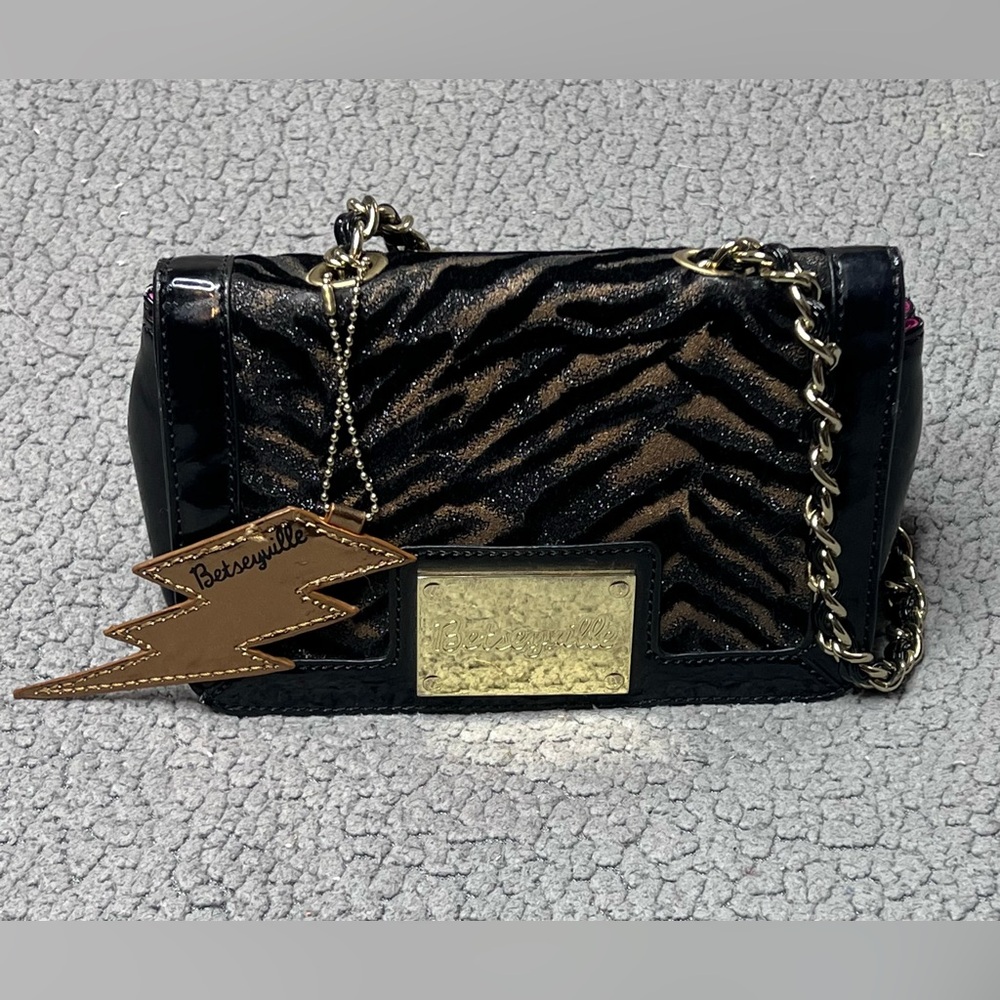 Betsey Johnson Betseyville Animal Print Shoulder Purse Black And Brown Small